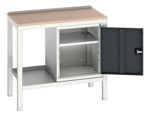 verso welded bench with cupboard & mpx top. WxDxH: 1000x600x930mm. RAL 7035/5010 or selected Verso Welded Work Benches for production areas